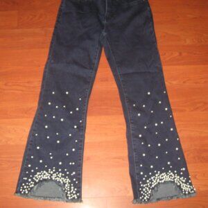 WOMEN WITH CONTROL Pearl Beaded Kick Crop Denim Jeans 2 Chewed Fringe Hem Ankle
